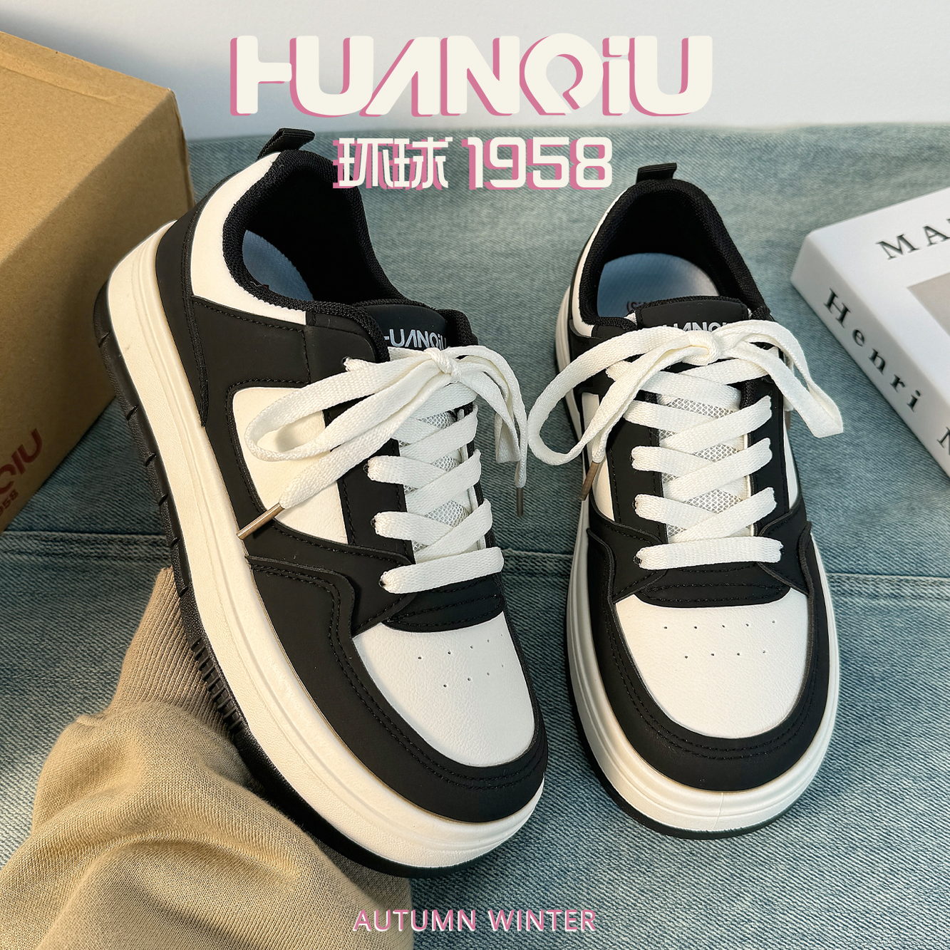 环球黑白熊猫鞋2025新款小白鞋网红同款正品学生平底防滑松糕板鞋