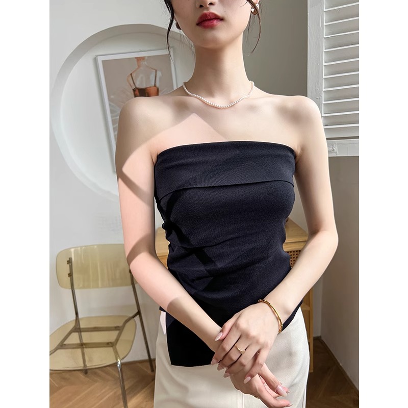 设计感黑色抹胸背心女内搭2024新款夏季开叉外穿打底上衣无袖修身