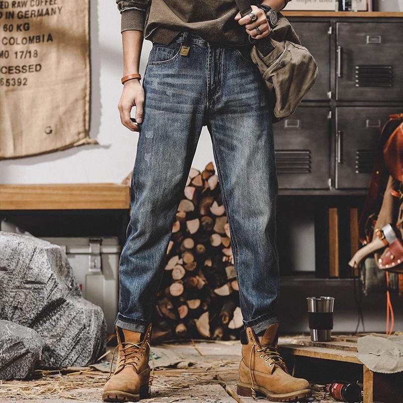美式经典复古做旧牛仔裤男秋冬2025新款加绒宽松直筒百搭水洗长裤