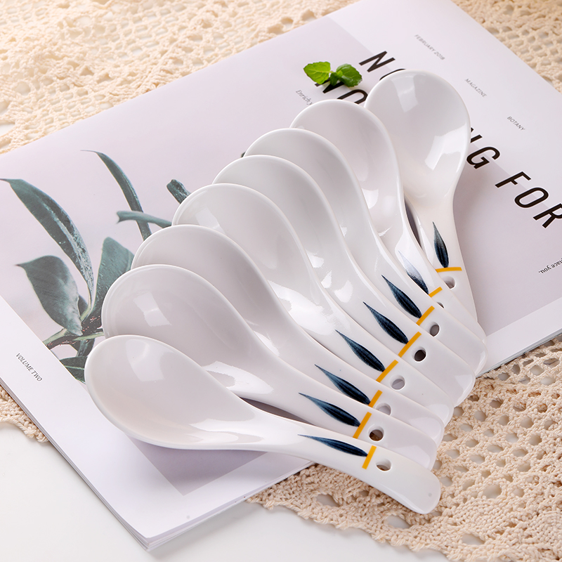 千叶草陶瓷汤勺8只家用瓷勺长柄喝粥吃饭创意喝汤勺子喝汤勺盛汤