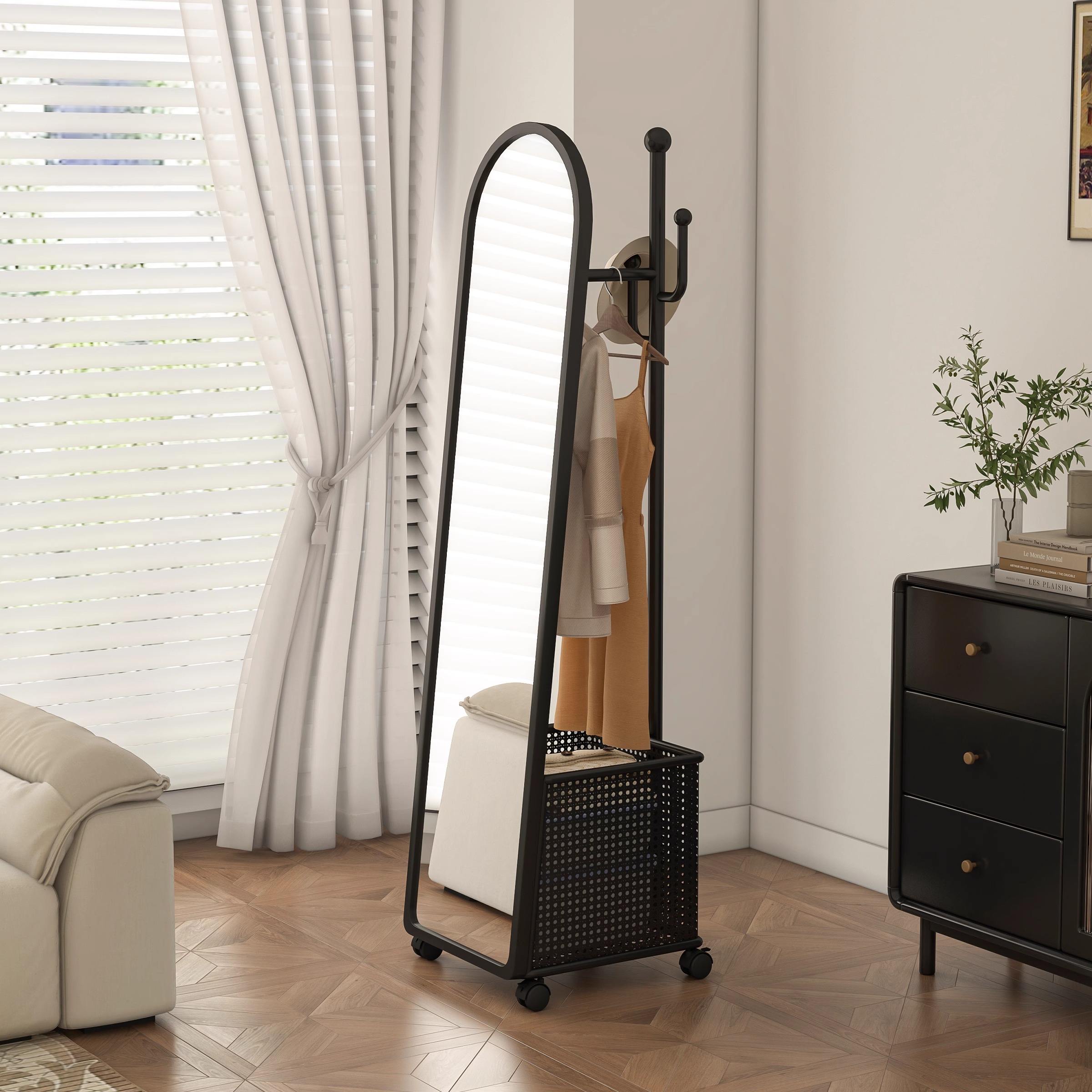 棠克全身镜挂衣架一体收纳落地试衣镜镜子可移动旋转穿衣镜衣帽架