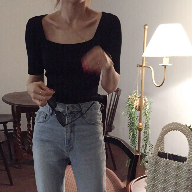 2025春夏中袖五分袖短袖法式方领螺纹大领口上衣露锁骨紧身t恤女