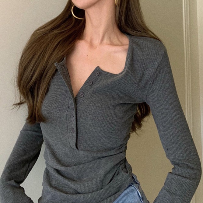 欧美长袖t恤女2024春秋冬纽扣紧身小心机v领打底衫内搭显瘦上衣女