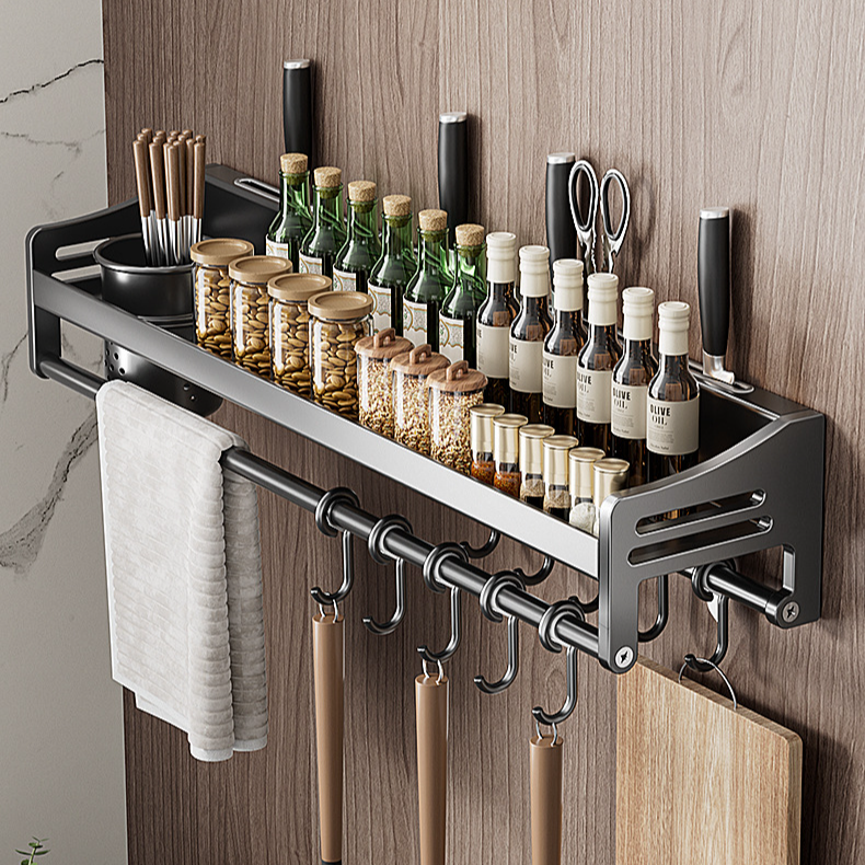 厨房置物架枪灰免打孔多功能不锈钢家用壁挂式筷子刀架收纳调料架