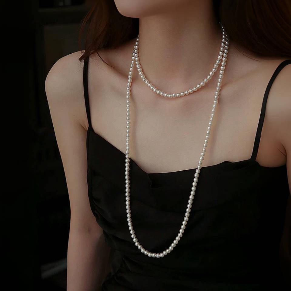 铜合金仿珍珠项链 法式优雅时尚轻奢高级感施家珠简约气质毛衣链