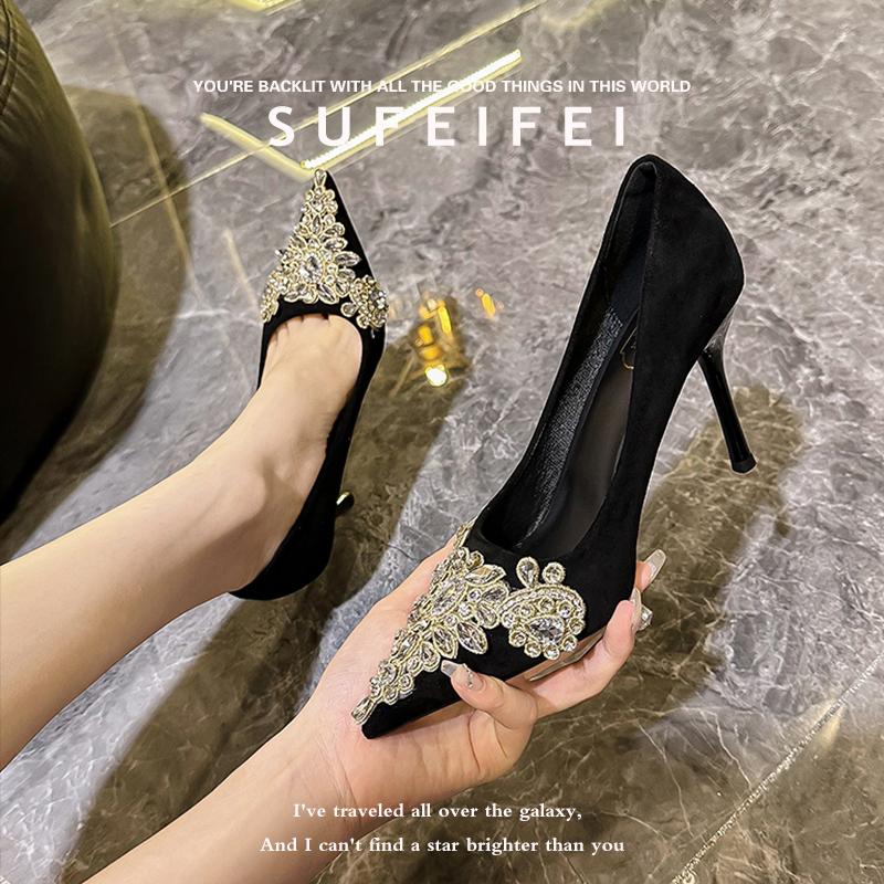 软皮版法式名媛黑色气质宴会高跟鞋女细跟秋新款水钻通勤绒面单鞋