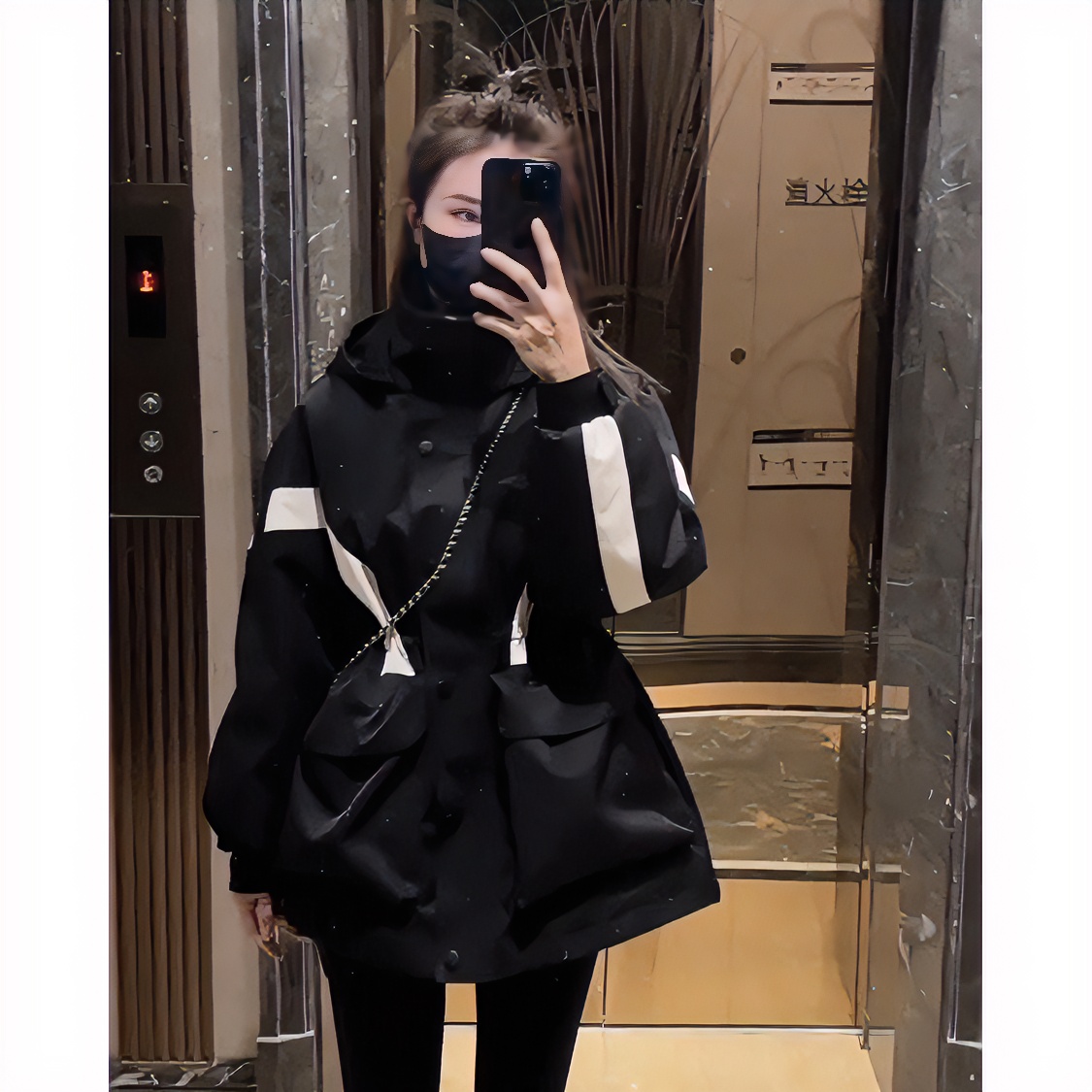 撞色连帽冲锋衣时尚外套女2025秋冬装洋气加棉收腰显瘦黑色上衣女