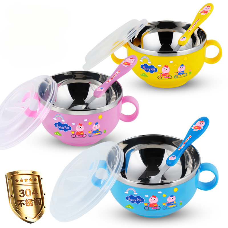 儿童餐具防烫碗带盖勺宝宝吃饭碗卡通婴儿碗不锈钢双层隔热防摔碗