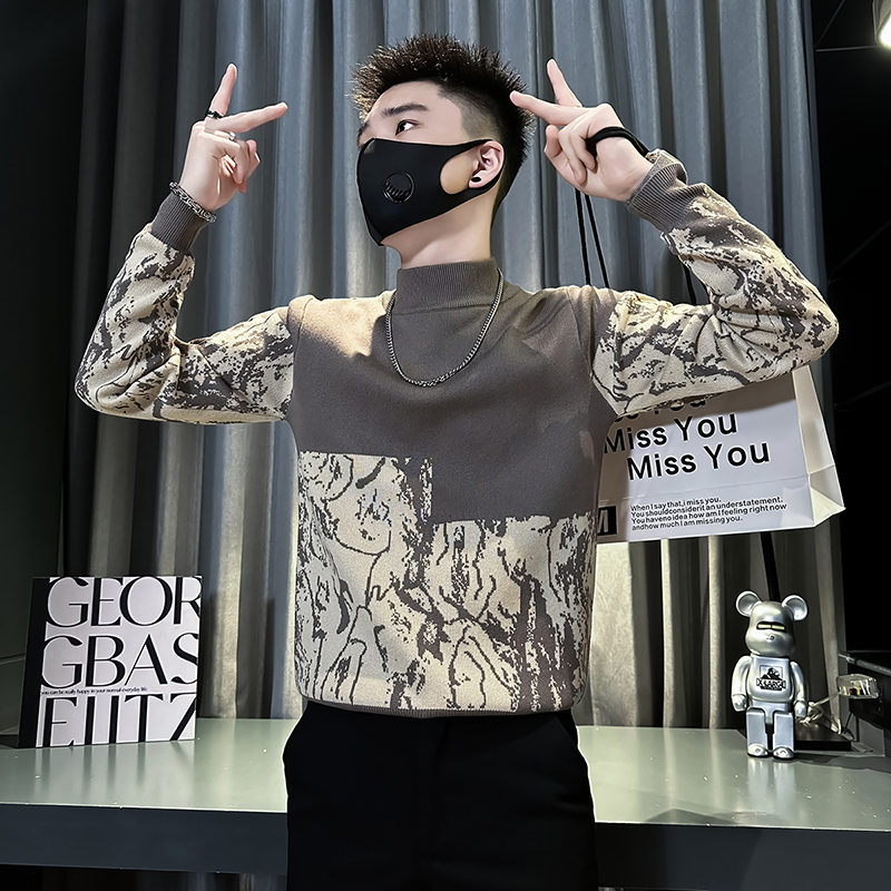 拼接撞色半高领毛衣男款冬季2025新款爆款针织衫男士秋冬装打底衫