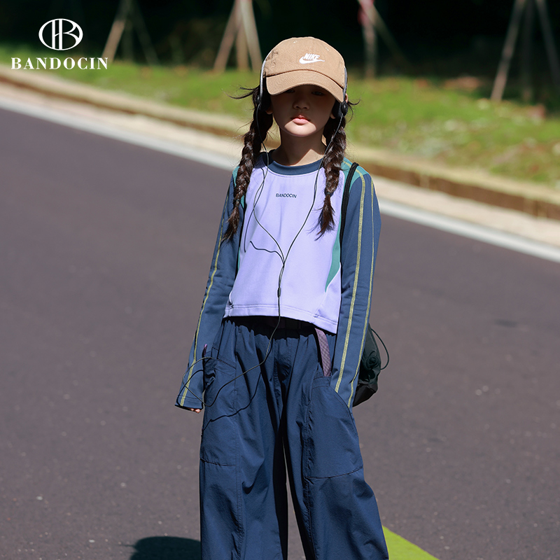 BANDOCIN/半度闲城市户外女童新款拼色直筒长袖T恤上衣童装