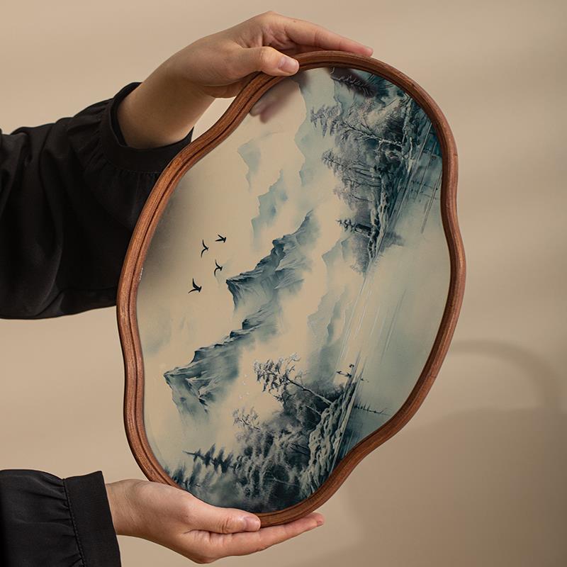 海棠山水玻璃茶盘家用托盘复古竹制茶盘功夫茶具简约水果盘收纳盘