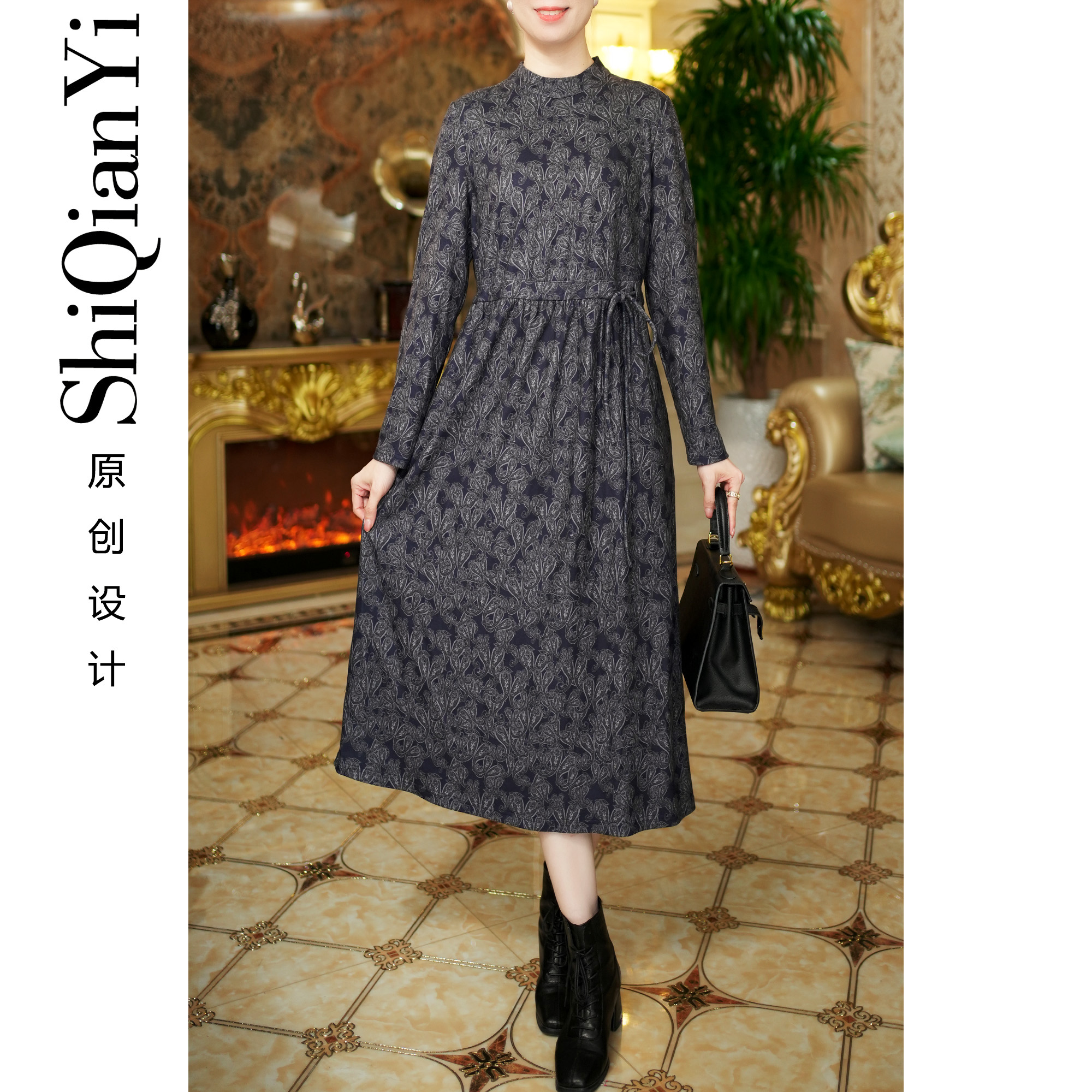 【诗千逸定制-灰调】2024秋冬保暖气质百搭打底冬季长袖连衣裙A1470