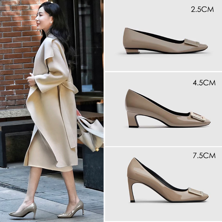 经典 rv漆皮方扣单鞋女低跟法式优雅百搭浅口方头中跟通勤工作鞋