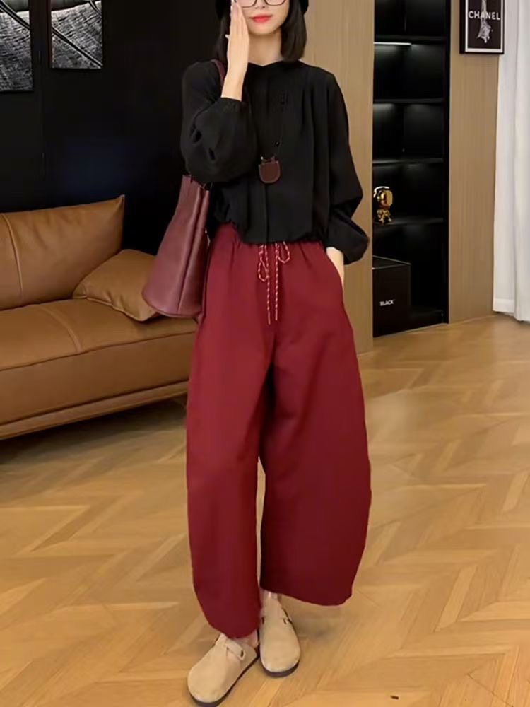 早秋穿搭一整套简约纯色长袖圆领短款衬衫女高腰宽松休闲显瘦长裤