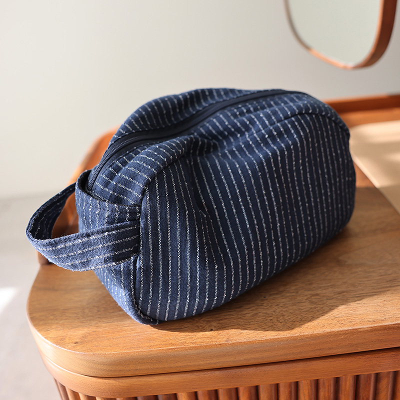 经典条纹大容量手提化妆包棉麻布艺深色拉链护肤品旅行便携收纳袋
