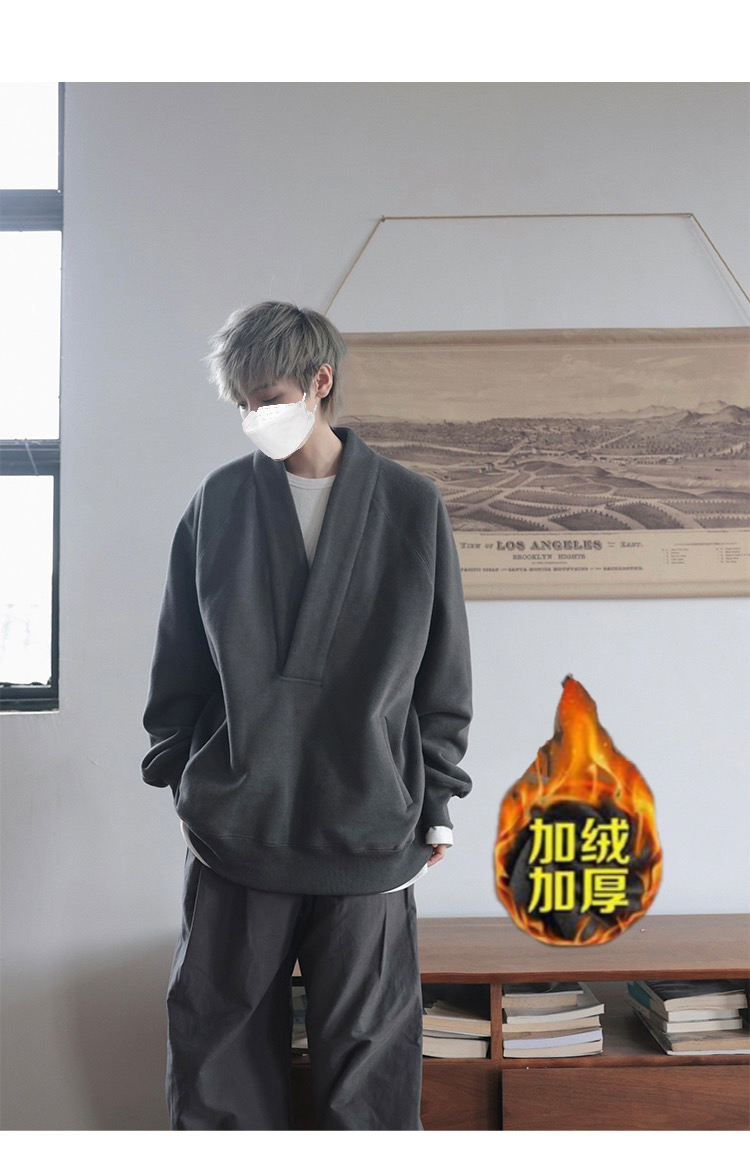 300斤大码秋冬季新款宽松V领ins加绒卫衣小众上衣男女慵懒风外套