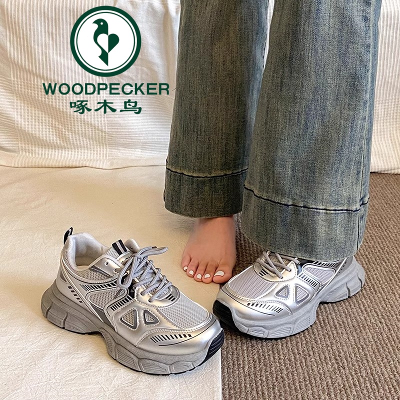 啄木鸟厚底老爹鞋女款2024新款秋季百搭爆款运动女鞋子增高显脚小
