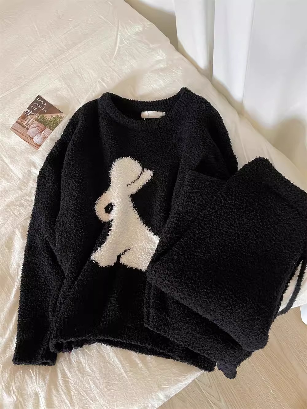 韩版可爱兔子印花针织半边绒睡衣女秋冬季新款加厚加绒家居服套装