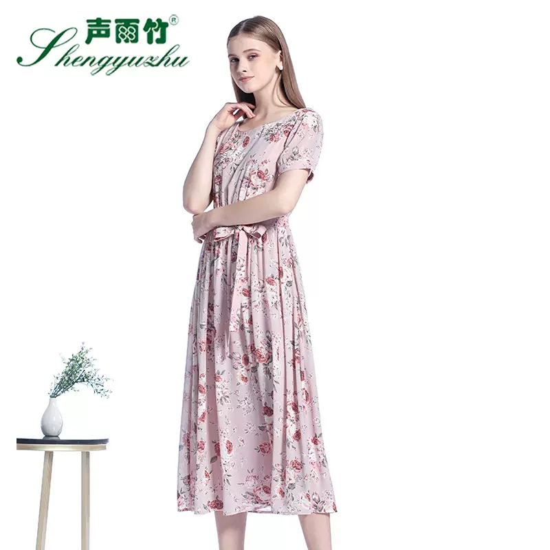 夏天穿搭声雨竹夏季连衣裙甜美修身薄款印花中长裙短袖圆领A字裙