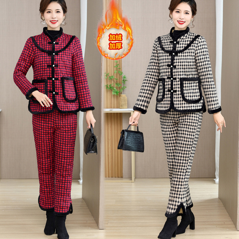 民族风格子加绒加厚棉衣棉裤两件套外穿冬季棉袄中年妈妈装居家服