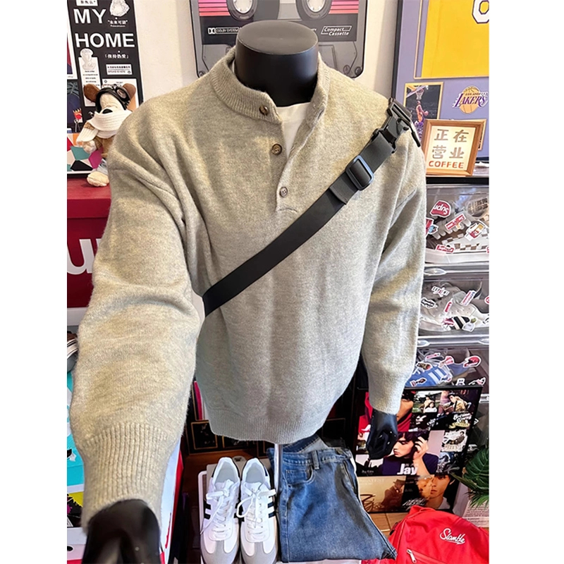 cleanfit灰色亨利领毛衣男款冬季慵懒风高级感穿搭内搭打底针织衫