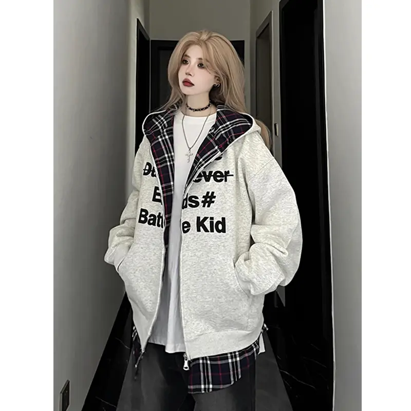 白灰色假两件开衫卫衣男秋冬款美式潮牌连帽衫高级感拼接格子外套