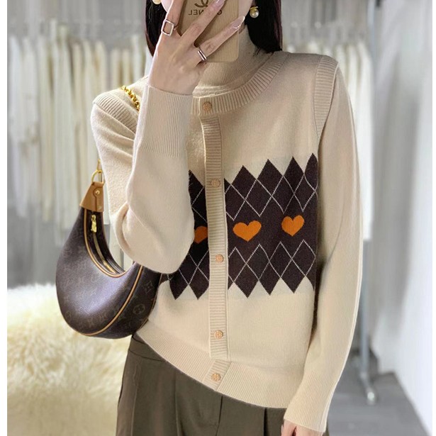 半高领打底衫女内搭毛衣女爱心提花假两件针织衫上衣J025