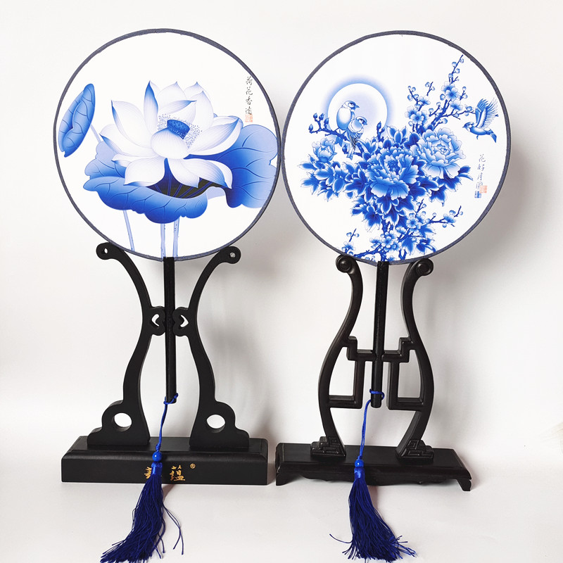 21厘米蓝青花瓷舞蹈圆扇长柄古典团扇小号花鸟图蓝色古风加长单面