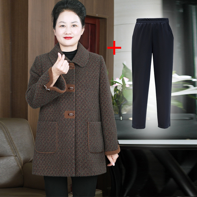 华太太中老年女装秋冬新款老人洋气毛呢外套母亲冬季衣裳D0258