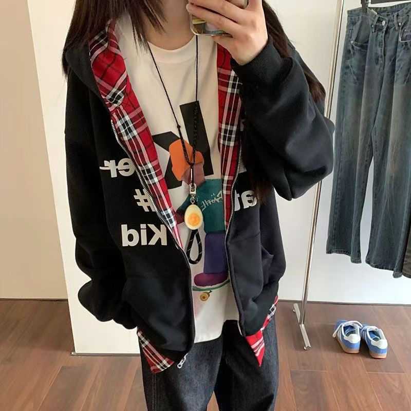 特大码300斤早秋通勤美式ins复古假两件格子拼接连帽卫衣外套男女