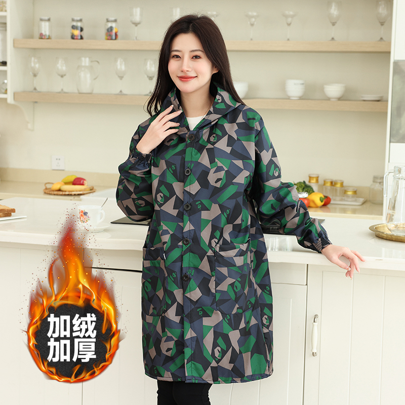 加绒罩衣2025年新款爆款秋冬加绒防水罩衣厨房专用围裙工作服外套
