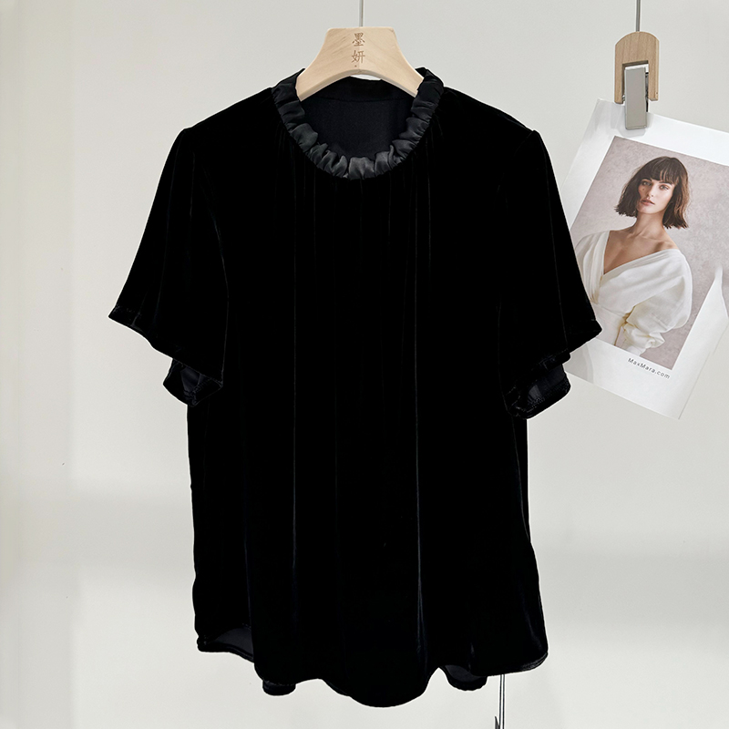 设计师品牌小衫真丝丝绒短袖衬衫女拼接黑色立领口连衣裙上衣