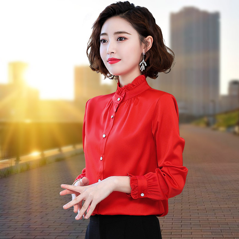 2025年春秋新款雪纺衬衫女洋气小衫时尚内搭上衣长袖立领妈妈衬衣