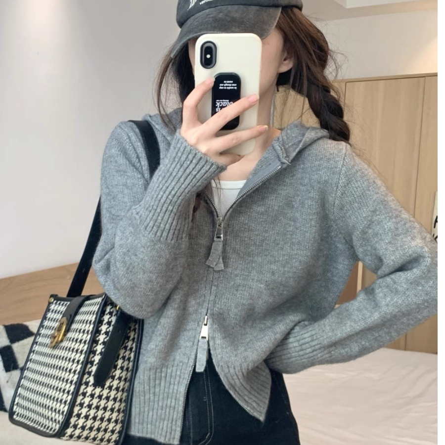 灰色拉链外套连帽针织开衫女秋冬ins韩版洋气内搭短款毛衣打底衫
