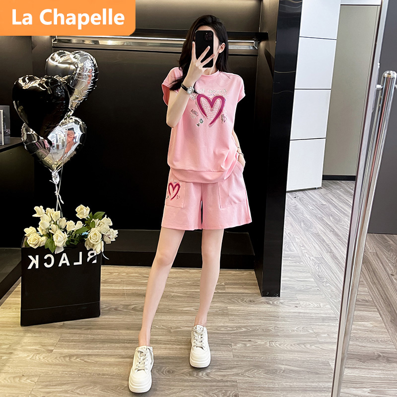 拉夏贝尔运动休闲时尚套装女夏季洋气减龄甜美宽松爱心短袖短裤套