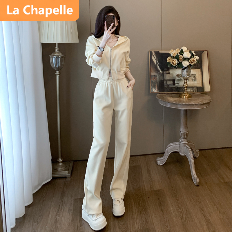 拉夏贝尔潮流时尚休闲套装女春秋2025新款减龄连帽拉链外套长裤套