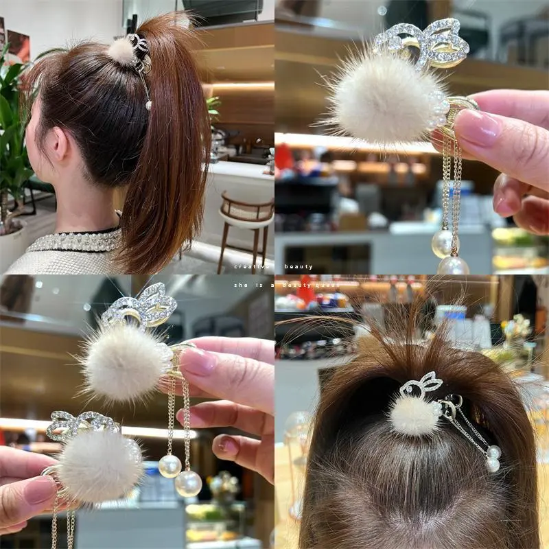 秋冬流苏兔子毛绒高马尾小抓夹固定神器半扎女后脑勺发卡发夹头饰