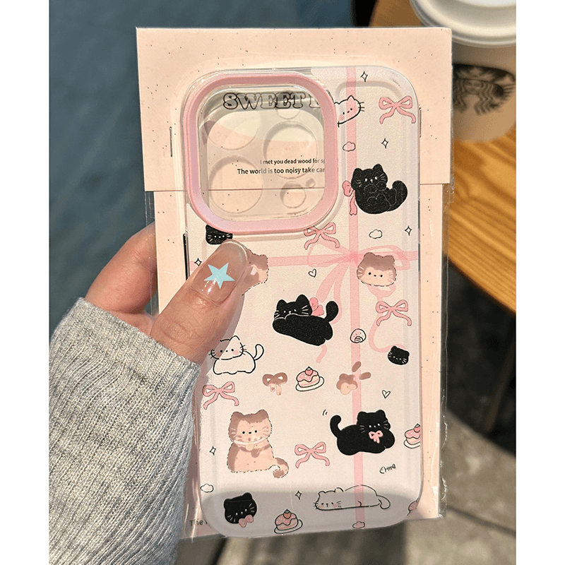 镂空丝带黑白猫适用苹果15/14手机壳华为Pura70vivoS18小米14oppo