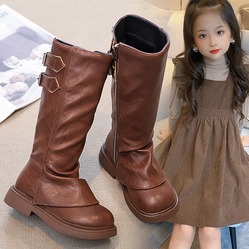 儿童长靴女童春秋高筒靴时尚公主棕色长靴子黑色马丁靴女童鞋加绒
