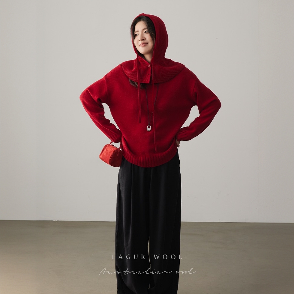 巴黎红「毛衣+帽子」100%澳毛连帽毛衣套头针织羊毛衫打底女礼物