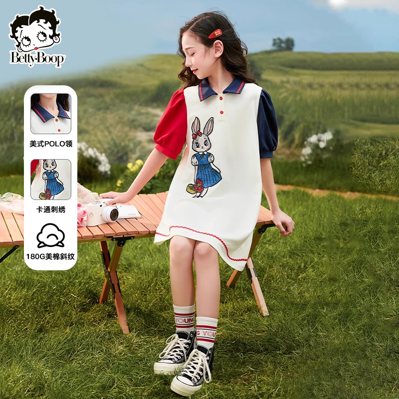 女童洋气夏季女连衣裙2025新款撞色潮流时髦大童中长款裙子23138