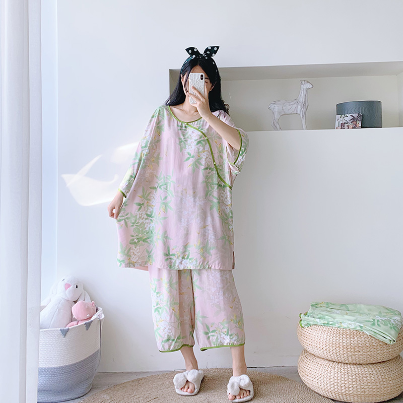 夏季胖MM200斤棉绸睡衣女中袖七分裤新中式国风加肥加大码家居服