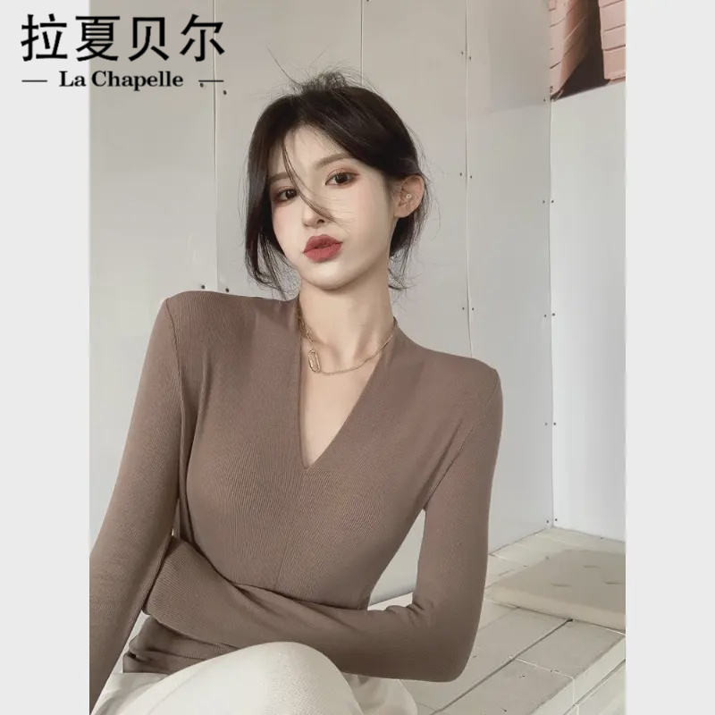 拉夏贝尔性感套头小众纯色T恤紧身弹力内搭打底衫V领长袖早秋