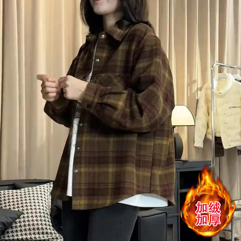 加厚复古磨毛格子衬衫女2025秋冬新款小个子休闲宽松百搭外套上衣