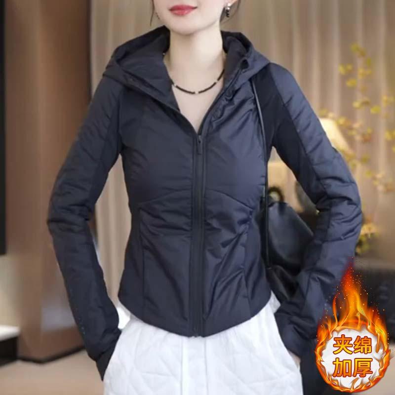 2025夹棉连帽短外套女新款修身气质小个子洋气轻薄夹克小棉袄