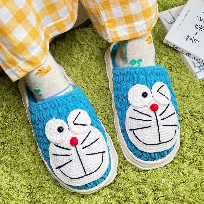 手工编织哆啦a梦拖鞋diy材料包冬季冰条线勾鞋毛线和鞋底全套成品