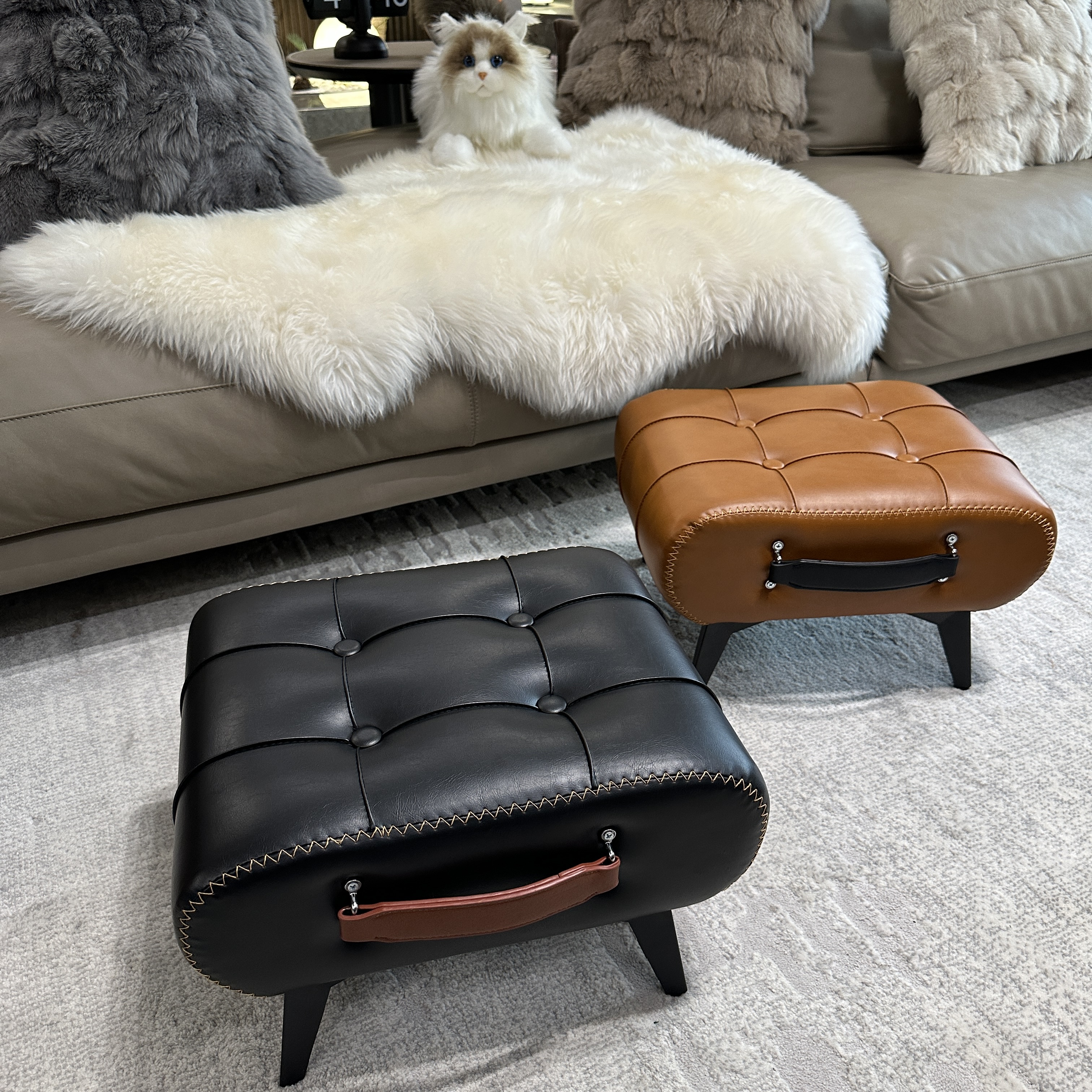 家用门口矮凳油蜡皮手提凳客厅沙发脚踏板凳茶几小凳子入户换鞋凳