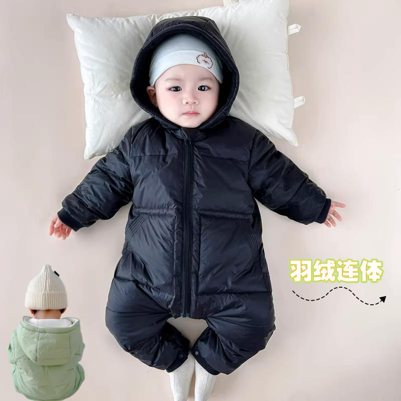 巴拉优选宝宝带帽外穿白鸭绒婴儿加厚羽绒连体衣男女宝宝羽绒服婴