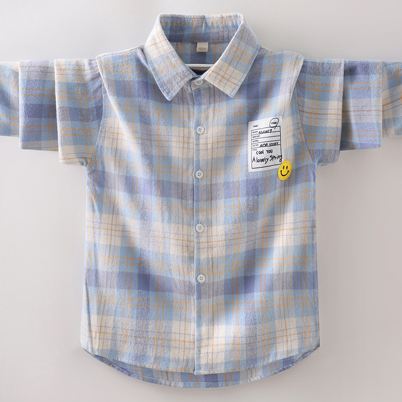 男大童衬衫春秋纯棉男童2025新款潮长袖格子帅气男孩衬衣外套加绒