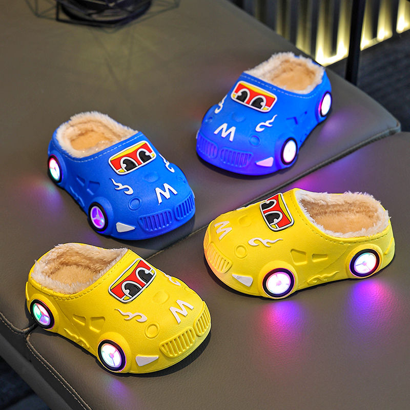 儿童棉拖鞋秋冬季发光防水汽车防滑软底保暖小童中童玩具亮灯拖鞋